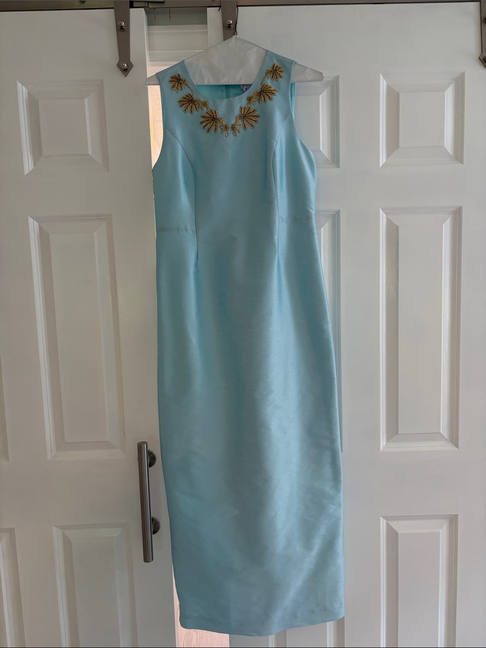 Light Blue Sleeveless Sheath Dress with Gold Palm frond Embellishment